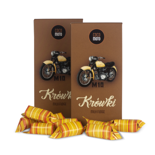 krówki mleczne polskie z motocyklem Junak M10, prezent dla fana motocykli