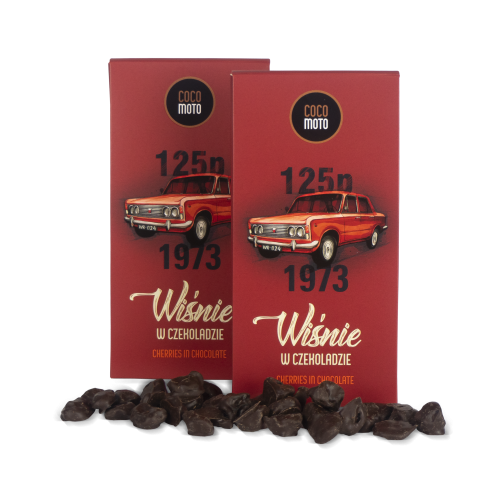 wiśnie w czekoladzie z samochodem Fiat 125p, prezent dla fana samochodów
