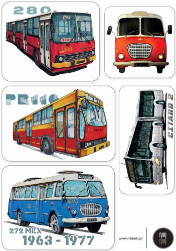 zestaw naklejek z autobusami, Ikarus 280, Jelcz 043 Ogórek, Jelcz PR110, Mercedes-Benz Citaro, Jelcz 272 MEX
