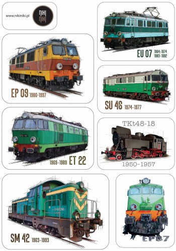 naklejki z lokomotywami EU07, EP09, ET22, SU46, EP07, SM42, TKt48-18